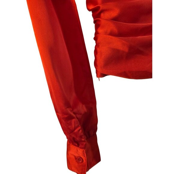 Nasty Gal Red Satin Ruched Wrap Style Blouse Size 2 Long Cuff Slv Plunging VNeck - Picture 6 of 9